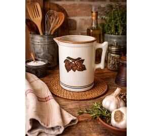 Brown Blue White Stoneware Brush-McCoy Oak Leaf Pitcher 7"
